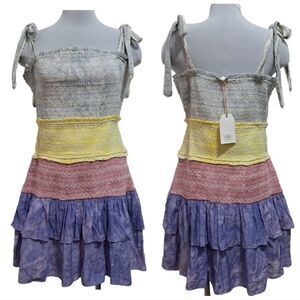 Free The Roses Tie Dye Tiered Colorblock Smocked Dress Large Multi-Color NWT